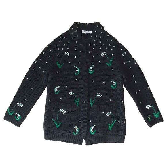 VALENTINO - LILY OF THE VALLEY HAND-EMBROIDERED VIRGIN WOOL CARDIGAN IN EERO M - Picture 1 of 9